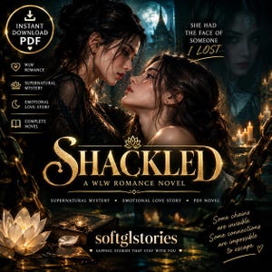 May include: A digital book cover for a novel titled SHACKLED, featuring two women in a dark, atmospheric setting with chains, a lotus flower, and text that reads: SHE HAD THE FACE OF SOMEONE I LOST, A WLW ROMANCE NOVEL, and softglstories.