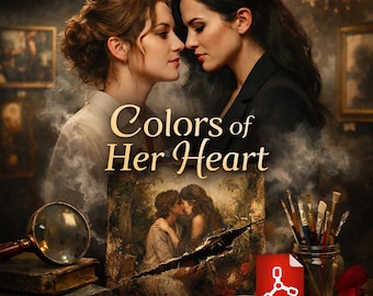 May include: Image of a book cover titled "Colors of Her Heart" featuring two women in a romantic embrace. The cover includes a painting of a couple kissing, a magnifying glass, and a PDF icon.