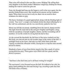 May include: Text from a novel, displayed on a white background. The text is divided into paragraphs and includes dialogue. The story appears to be a dark fantasy, with themes of family, betrayal, and a black market.