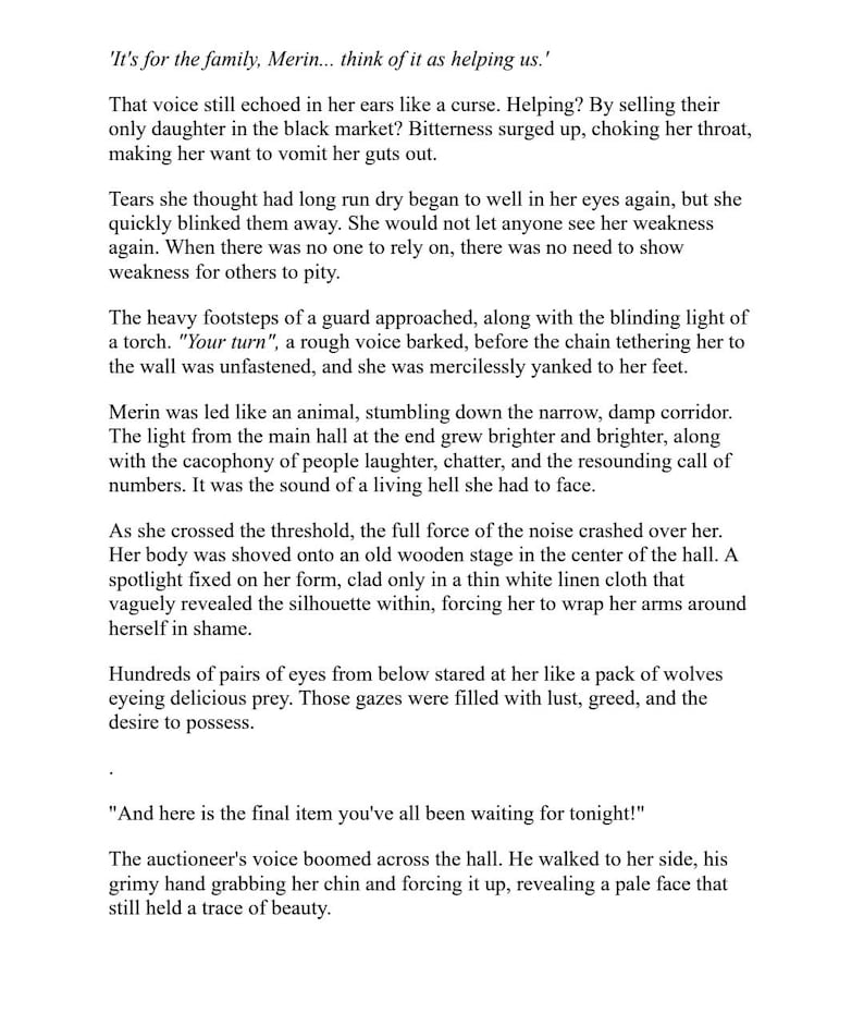 May include: Text from a novel, displayed on a white background. The text is divided into paragraphs and includes dialogue. The story appears to be a dark fantasy, with themes of family, betrayal, and a black market.