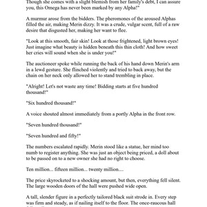 May include: Text from a novel excerpt, detailing an auction scene. The text describes a female character, Merin, being auctioned off. The scene includes dialogue, descriptions of the setting, and the escalating bids.