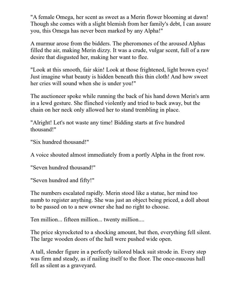 May include: Text from a novel excerpt, detailing an auction scene. The text describes a female character, Merin, being auctioned off. The scene includes dialogue, descriptions of the setting, and the escalating bids.
