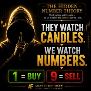 Könnte beinhalten: Ein schwarzes Grafikposter mit einer Kapuzenfigur, die eine Schweigegeste macht. Der Text lautet: THE HIDDEN NUMBER THEORY, THEY WATCH CANDLES. WE WATCH NUMBERS. 1 = BUY in Grün, 9 = SELL in Rot und MARKET CIPHER EA DECODE. EXECUTE. DOMINATE.