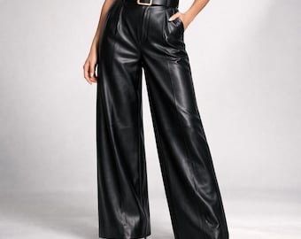 Womens Handmade Wide Leg Leather Pants | High Waist Pleated Palazzo Trousers