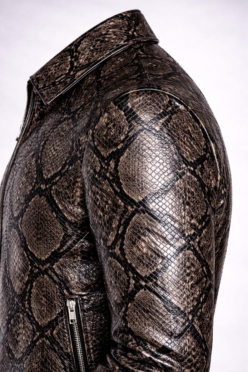Python Pattern Genuine Leather Jacket | Men Slim Fit Black Fashion Wear Bild 11
