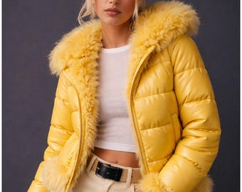 Handmade Yellow Puffer Jacket Fully Faux Fur Lined Winter Outerwear
