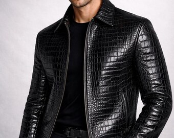 Herren handgefertigte Krokodiltextur Echtlederjacke | Slim Fit Mode