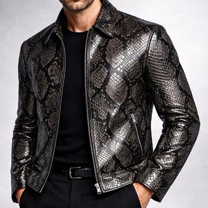 Python Pattern Genuine Leather Jacket | Men Slim Fit Black Fashion Wear