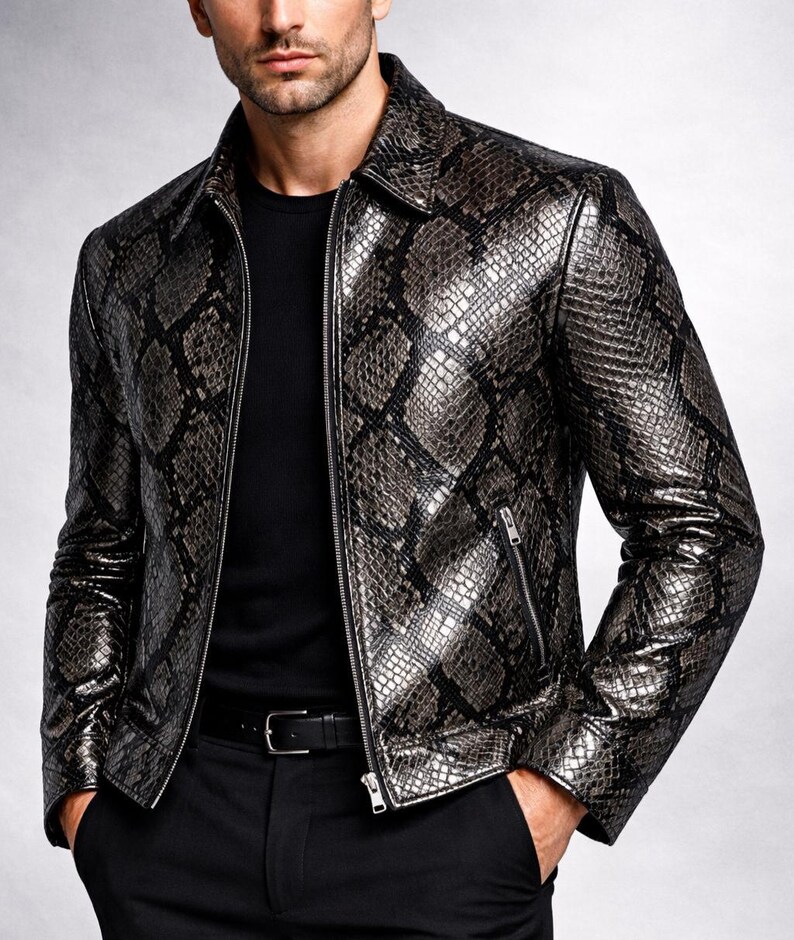 Python Pattern Genuine Leather Jacket | Men Slim Fit Black Fashion Wear Bild 1