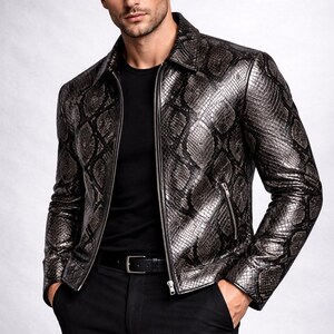 Python Pattern Genuine Leather Jacket | Men Slim Fit Black Fashion Wear Bild 4