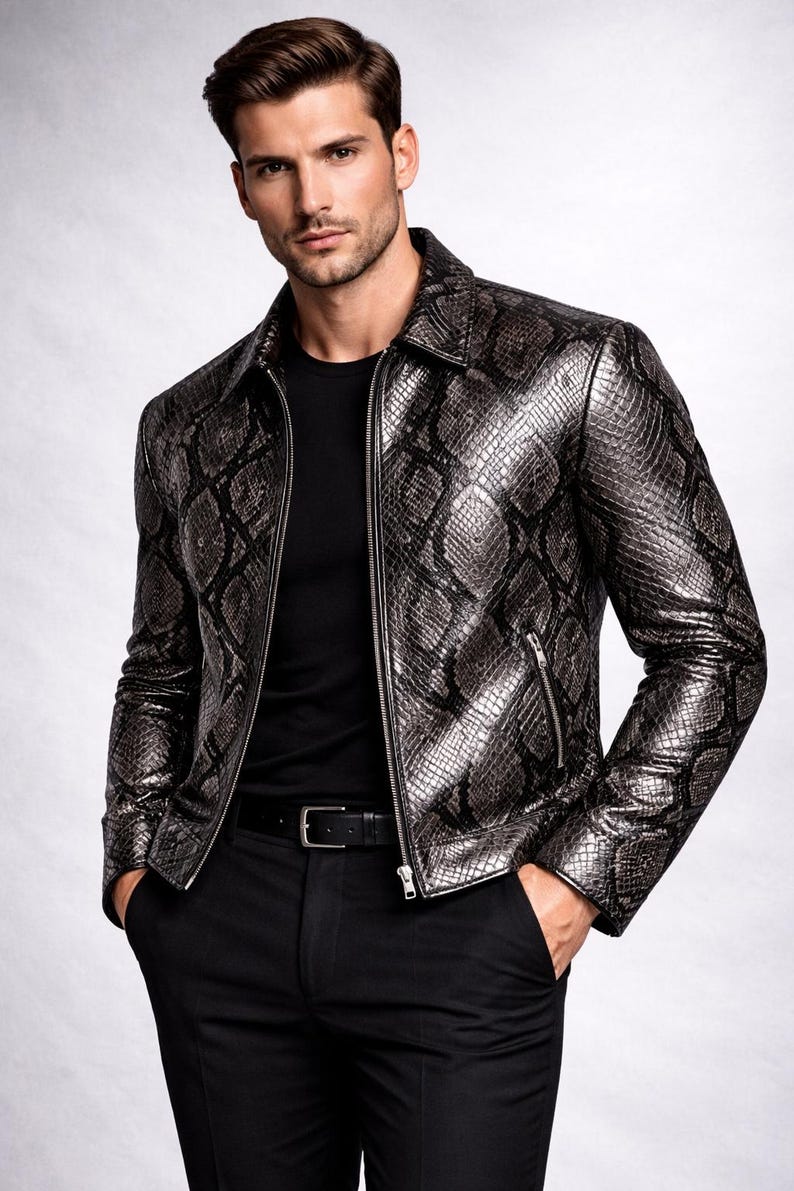 Python Pattern Genuine Leather Jacket | Men Slim Fit Black Fashion Wear Bild 4
