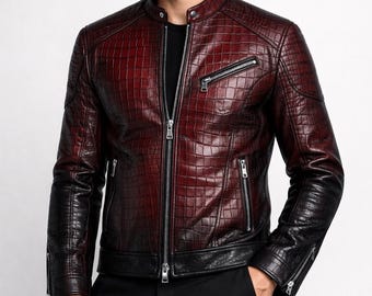 Handgefertigte schwarze burgundfarbene Lederjacke mit Krokoprägung | Herren Biker Slim Fit