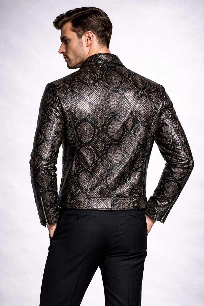 Python Pattern Genuine Leather Jacket | Men Slim Fit Black Fashion Wear Bild 6