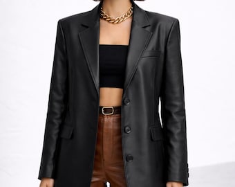 Women’s Black Handmade Leather Blazer Jacket | Elegant Modern Outerwear
