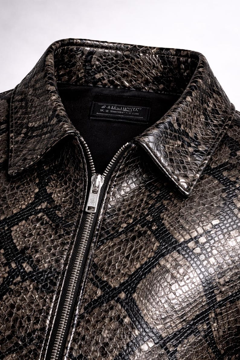 Python Pattern Genuine Leather Jacket | Men Slim Fit Black Fashion Wear Bild 8