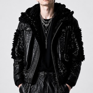Men's Black Faux Fur Genuine Leather Jacket | Gothic Punk Streetwear Hoodie