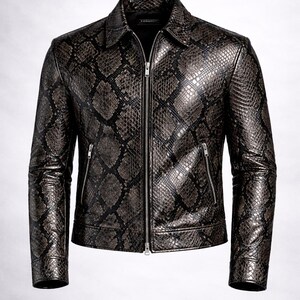 Python Pattern Genuine Leather Jacket | Men Slim Fit Black Fashion Wear Bild 7