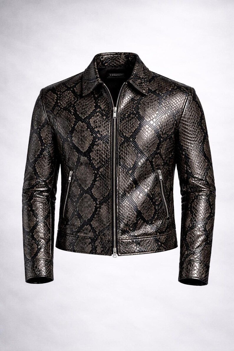 Python Pattern Genuine Leather Jacket | Men Slim Fit Black Fashion Wear Bild 7