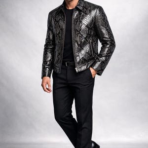 Python Pattern Genuine Leather Jacket | Men Slim Fit Black Fashion Wear Bild 2