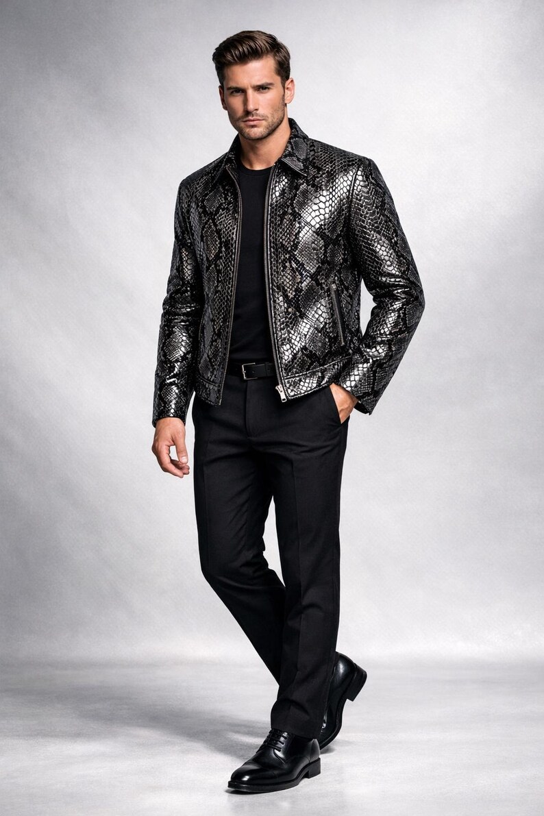 Python Pattern Genuine Leather Jacket | Men Slim Fit Black Fashion Wear Bild 2