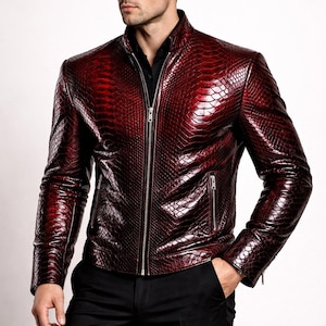 Mens Handmade Python Texture Leather Jacket | Slim Fit Burgundy & Black Coat