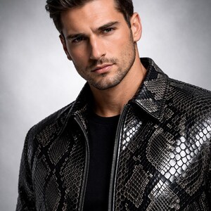 Python Pattern Genuine Leather Jacket | Men Slim Fit Black Fashion Wear Bild 5