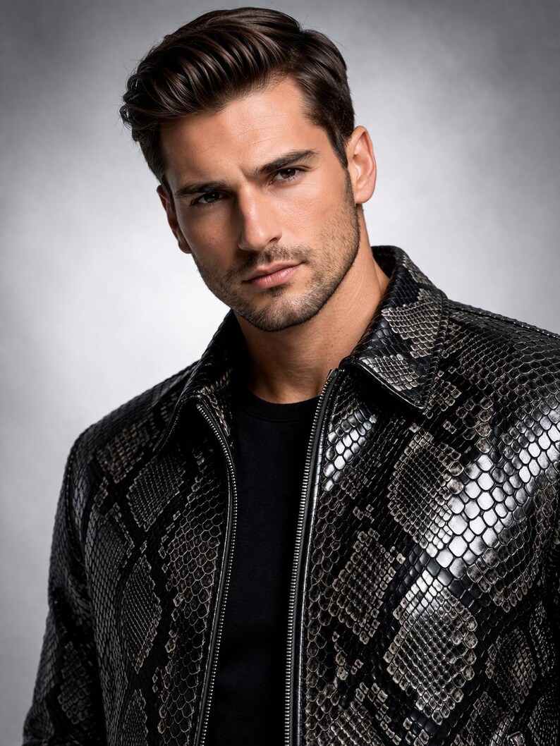 Python Pattern Genuine Leather Jacket | Men Slim Fit Black Fashion Wear Bild 5