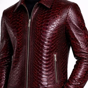 Men Burgundy Python Texture Leather Jacket | Snake Embossed Biker Style Coat