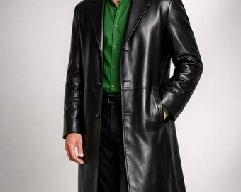 Handmade Men Genuine Leather Long Coat | Classic Button Front Formal Overcoat