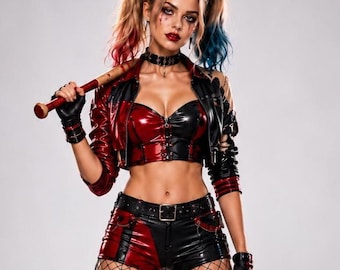 Handgjord Halloween-outfit i äkta läder | Cosplay Harley-kostymset för kvinnor
