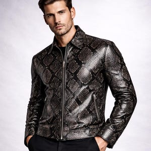 Python Pattern Genuine Leather Jacket | Men Slim Fit Black Fashion Wear Bild 3