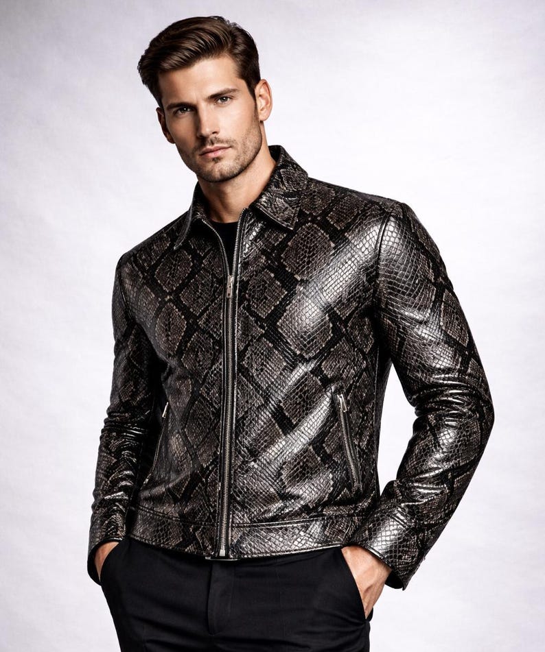Python Pattern Genuine Leather Jacket | Men Slim Fit Black Fashion Wear Bild 3