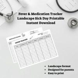 Può includere: Un tracker stampabile bianco per febbre e farmaci con il testo "Fever & Medication Tracker Landscape Sick Day Printable Instant Download". Il tracker è progettato per i genitori ed è facile da stampare.