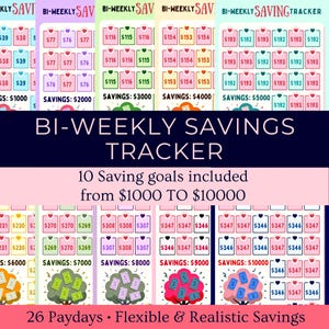 May include: A colorful bi-weekly savings tracker with ten saving goals from $1000 to $10000. The design includes pink, green, orange, and blue elements, with text indicating 26 paydays and flexible savings.
