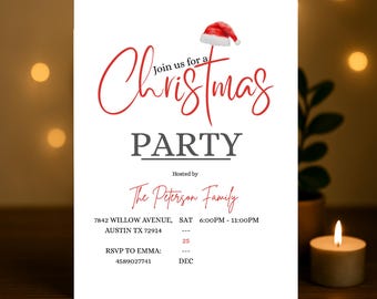 May include: A white Christmas party invitation with red script that reads "Join us for a Christmas Party." A Santa hat graphic is at the top. The invitation includes the party's date, time, and location.