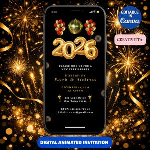 以下が含まれることがあります： スマートフォンに表示された、新年のパーティーのデジタルアニメーション招待状。デザインは「2026」と書かれた金色の風船、赤と金の風船、ディスコボールが特徴です。背景には花火と金色のリボンが含まれています。