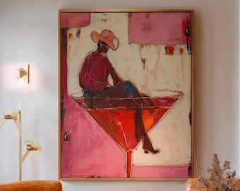 Original Hand-Painted Cowboy Cocktail Glass Oil Painting, Abstract Figurative Wall Art, Modern Western Bar Decor Canvas