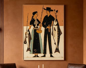 Hand Painted Fishing Couple Abstract, Modern Farmhouse Wall Art, Large Terracotta & Black Painting, Quirky Living Room Decor