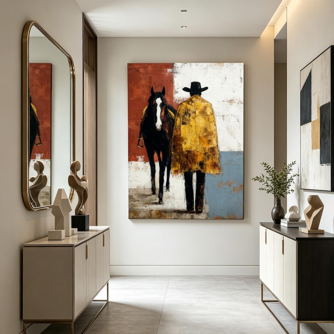Original Cowboy and Horse Oil Painting on Canvas, Abstract Western Wall ...