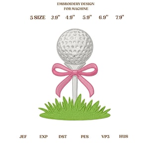 May include: An embroidery design for a machine features a golf ball on a tee with a pink bow, set atop green grass. The design includes text indicating sizes from 3.9" to 7.9" and file formats. The design is suitable for various embroidery projects.