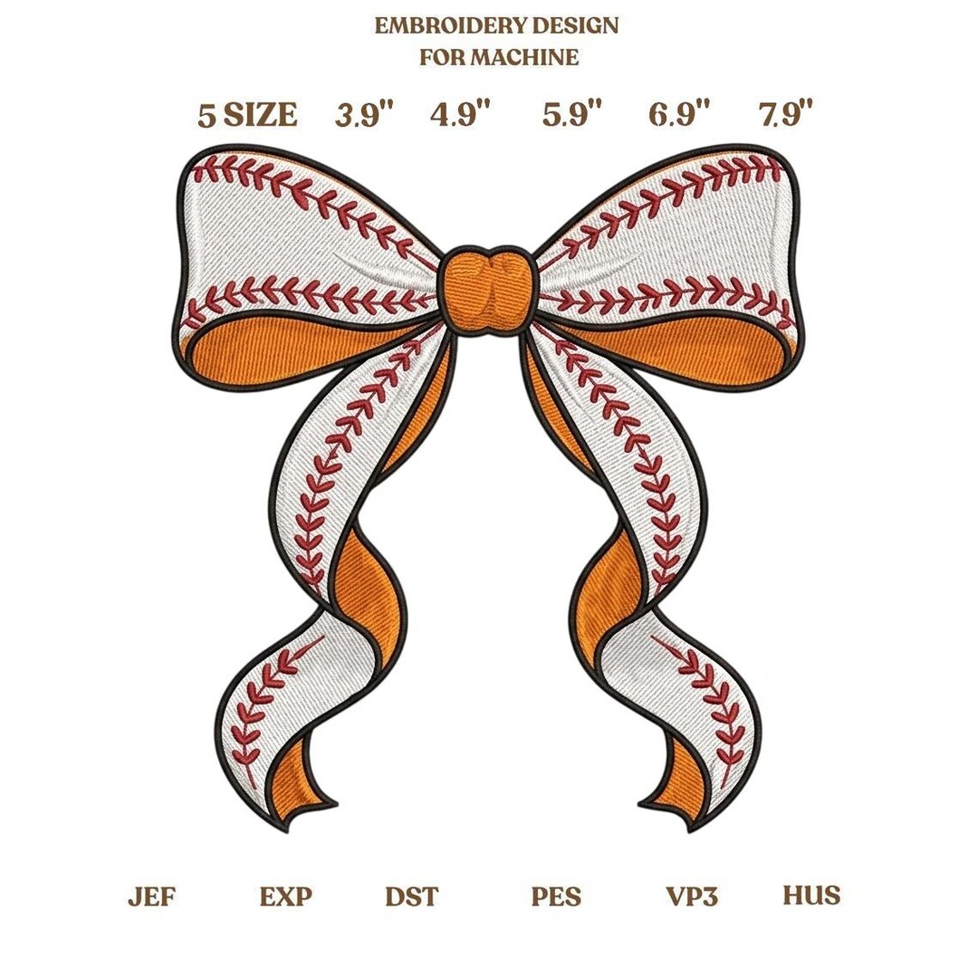 Baseball Ribbon Bow Embroidery Design, Orange White Bow, Sports ...