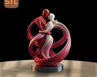 May include: A modern sculpture of a couple embracing, rendered in red, white, and pink hues. The figures are intertwined with flowing lines, creating a sense of movement and connection. The sculpture is mounted on a circular, dark gray base. The text "3D STL" is in the upper left corner.
