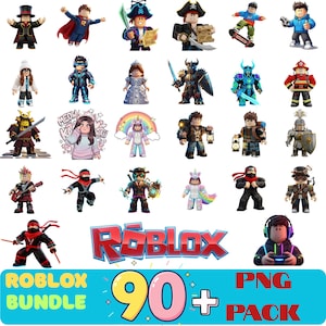 May include: A collection of Roblox character figures in various costumes and poses. The figures include pirates, ninjas, knights, and other themed characters. The image also includes the Roblox logo and text that reads "ROBLOX BUNDLE 90+ PNG PACK."