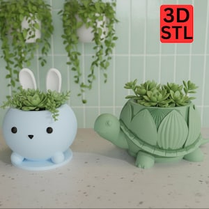 May include: Two decorative planters, one shaped like a light blue bunny with white ears and the other a green turtle. Both planters are filled with green succulents. The image also includes the text "3D STL".