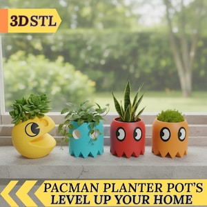 May include: A set of four Pac-Man-themed planters in yellow, teal, red, and orange, each with a different plant. The planters have a jagged base and Pac-Man's iconic eyes. The text "3D STL" and "PACMAN PLANTER POT'S LEVEL UP YOUR HOME" are visible.
