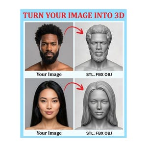 May include: A promotional graphic with the text "TURN YOUR IMAGE INTO 3D." The image shows two sets of before-and-after portraits: a man and a woman, each transitioning from a photograph to a 3D model. The output formats are STL, FBX, and OBJ.