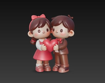 May include: A charming figurine set depicting a couple holding a red heart. The figures have brown hair and are dressed in red and brown outfits. The girl wears a red dress and bow, while the boy wears a suit. A sweet representation of love.