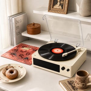 May include: A cream-coloured portable record player with a clear plastic dust cover, a black turntable platter, and a white tonearm. The device features a front-facing black speaker grille and two black control knobs. A strawberry-themed vinyl record is on the platter.