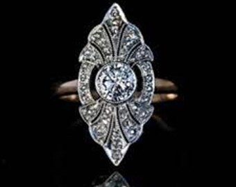 Art Deco Shield Engagement Ring, Vintage Round Cut Diamond Cocktail Ring, 14k White Gold Filigree Dinner Ring, Antique Style Statement Ring