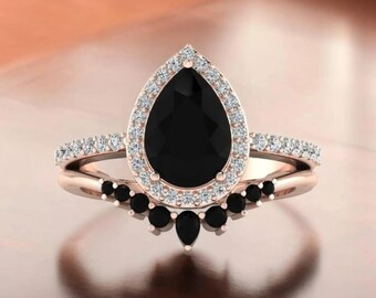 Pear Cut Black Onyx Engagement Ring Set 14k Rose Gold, Gothic Pear Shaped Halo Ring, Black Diamond Curved Wedding Band, Alternative Bridal
